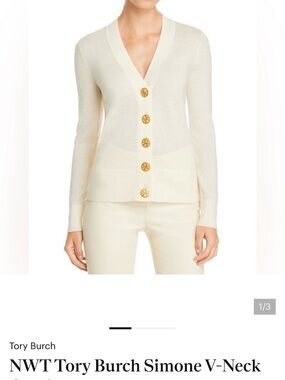 Tory Burch Cream V-Neck Cardigan with Orange Logo Tag
